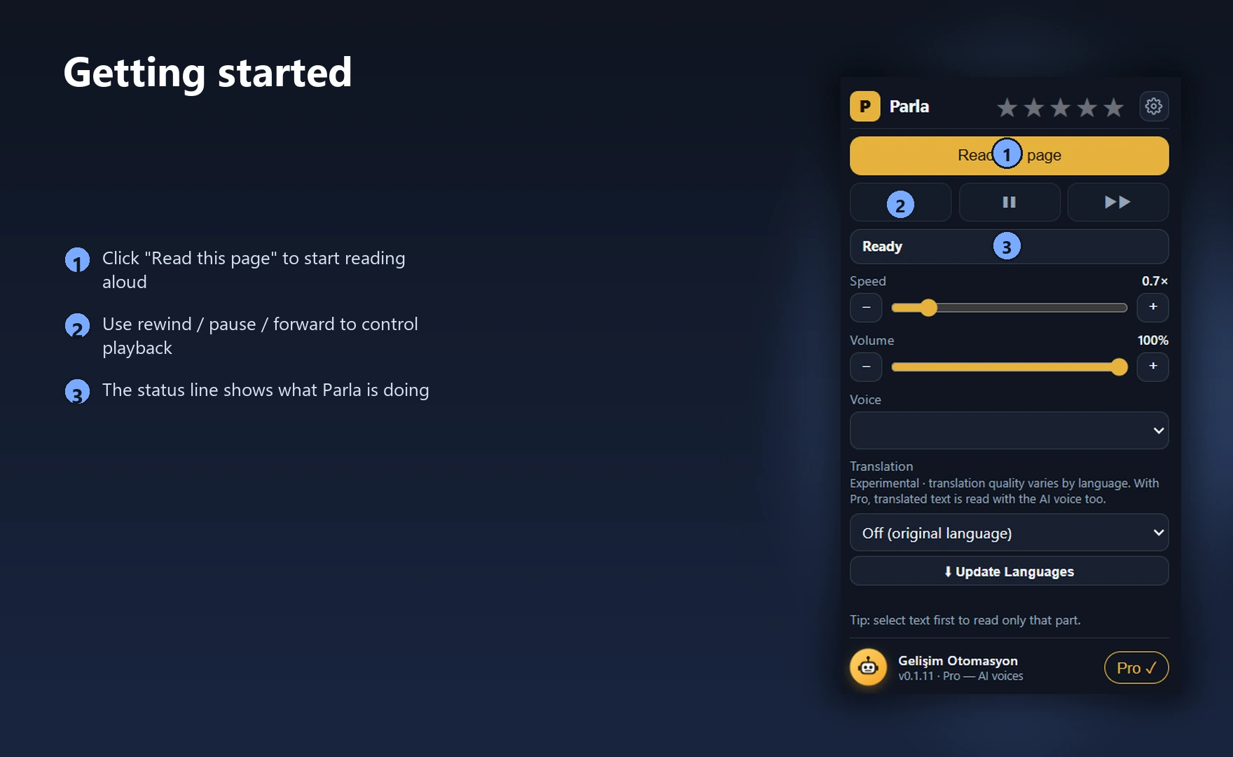 Getting started: reading, playback controls and status line